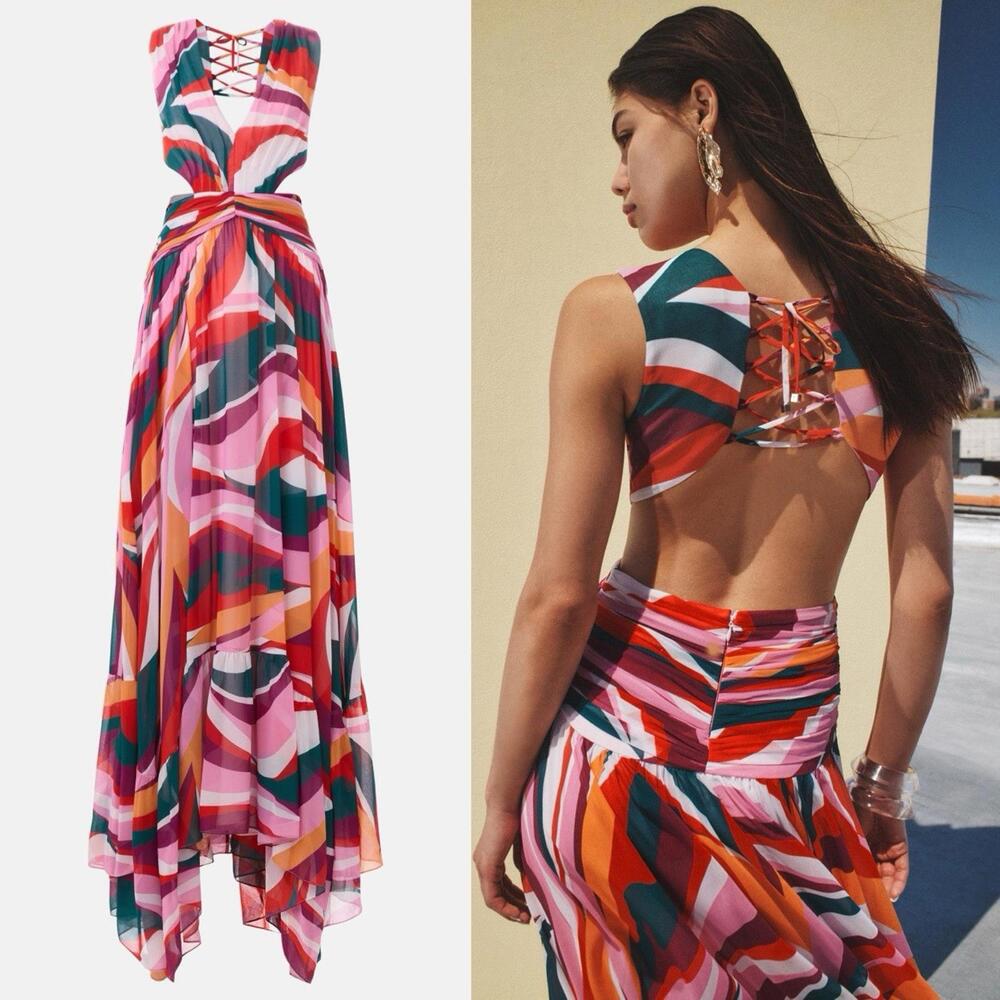PatBO Delos Plunge Front Tie Up Back Printed Maxi Dress - (Sz: 10/ Retail: $850)